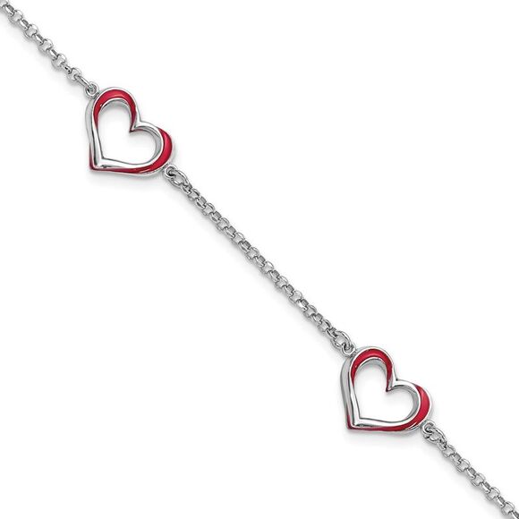 Kazi Luxury Silver Rhodium-plated Red Enamel 3-Heart w/.5 in Ext Bracelet